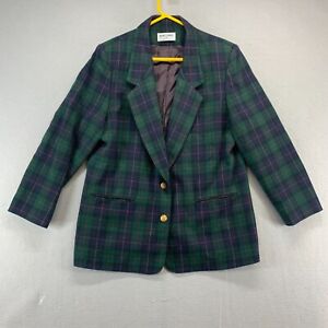 Alfred Dunner Jacket Womens 12 Green Plaid Blazer Plaid Wool Blend Gold 2 Button