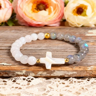 Natural Moonstone Labradorite Cross Charm Healing Crystal Beaded Faith Bracelet - Image 1 of 3