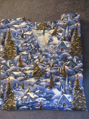 Blusa Médica Christmas Village Noche de Invierno Hecha a Mano Azul Algodón Talla Med 34-36 Foto 1 de 4