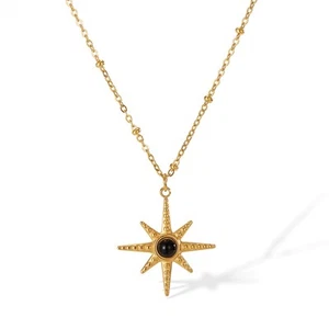 Women's Gold Star Pendant Necklace Black Stone Stainless Steel Celestial Jewelry - Picture 1 of 6