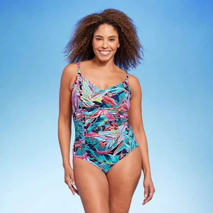 Aqua Green Women's One Piece Swimsuit Swimwear Tropical XL Shirred V-Neck - Picture 1 of 13