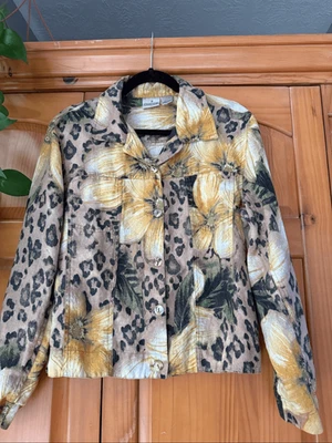 Chico’s 100% Linen Button Front Jacket Size 2  Floral Leopard Print, - Image 1 of 4