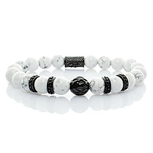 Howlith Armband Bracelet Perlenarmband Beads Kugel schwarz B weiß 8mm Edelstahl - Picture 1 of 2
