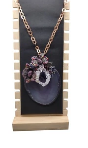 Large Amethyst Slice & Stone Pendant Necklace Cubic Zirconia 18" Copper Chain - Picture 1 of 16