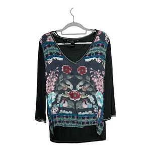 Desigual Top Womens XL Floral Boho Artsy Stretch V Neck 3/4 Sleeves Viscose - Picture 1 of 8