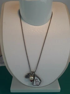 Silver Chain Necklace with Pearl Bead & Love Charm & Victorian Figure Pendant - Picture 1 of 7
