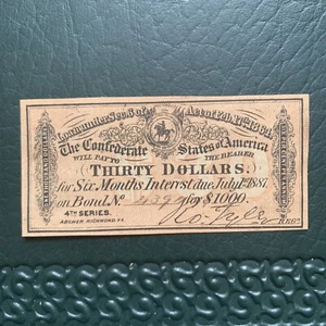 53243 1887 Civil War Era Confederate $30 Interest On $1000 Bond Coupon Crisp P - Picture 1 of 2