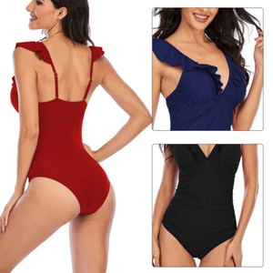 Women's One Piece Swimsuit Ruffle V Neck Strappy Swimwear Bathing Slimming - Picture 1 of 20