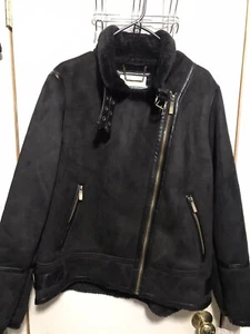 NWT Michael Kors Faux-Shearling Faux-Suede Moto Jacket, Black Size Large $320 - Picture 1 of 12