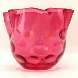 Fenton Cranberry Art Glass Optic Coin Dot Rose Bowl Vase Crimped Edge 4.25"  - Picture 1 of 3