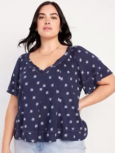 NWT Old Navy V-neck Lace Trim Top 4X 28 30 Navy Blue Print Short Flutter Sleeve - Picture 1 of 13