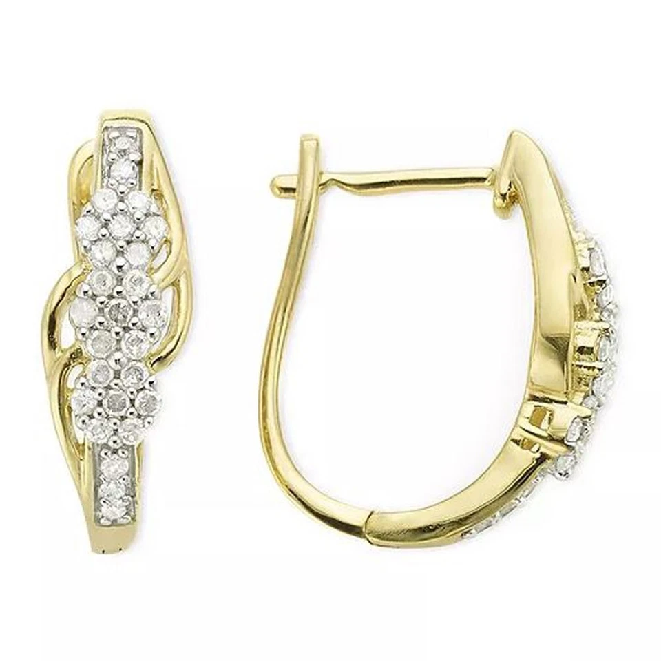 0.25CT Real Diamond 3-Flower Hoop Huggies Earrings 14K Yellow Gold Plated Silver - Image 1 of 1