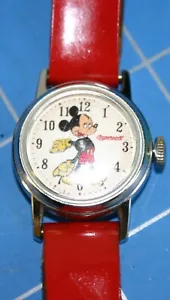 1950's INGERSOLL MICKEY MOUSE WRISTWATCH w/ RED WRISTBAND, WORKS! - Picture 1 of 12