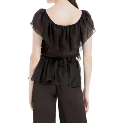 Blusa Leon Max feminina preta de seda mangas esvoaçantes tamanho grande 6 Neiman’s $398 - Imagem 1 de 2