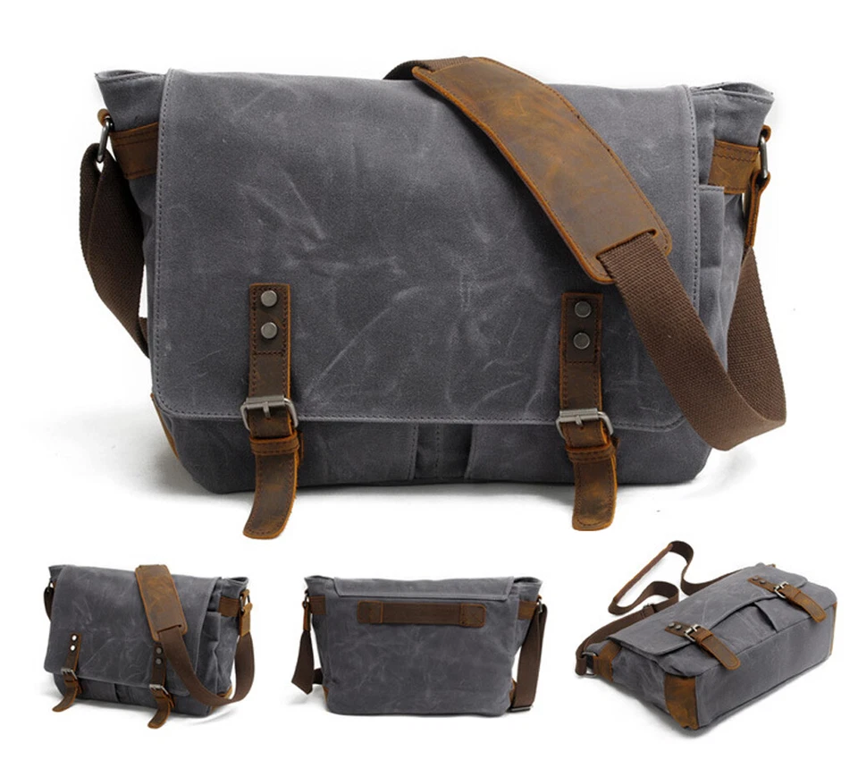 Bolso Mensajero de Lona Encerada para Hombres HUACHEN Bandolera Escuela Bolso de Hombro Cartera Foto 1 de 4