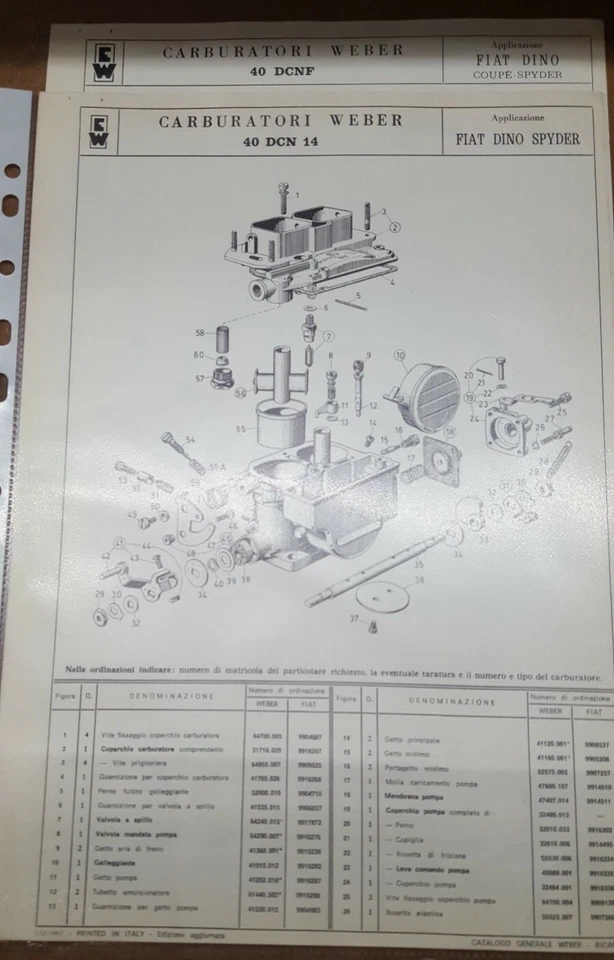 2 fogli spaccato dei carburatori weber fiat dino coupé-spyder - Immagine 1 di 2