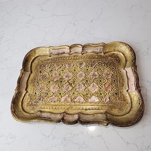 Vintage italienisches Florentiner vergoldetes Holz Tablett Gold Rosa 10"x7" C&M Caron Italien - Bild 1 von 6