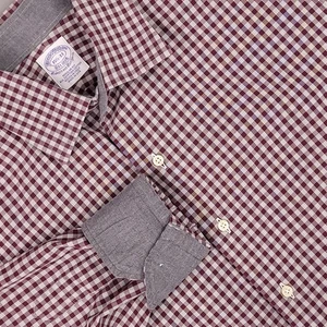 Brooks Brothers Dress Shirt Mens 15.5 33 Burgundy Gingham Made USA Woven Italy - Picture 1 of 12