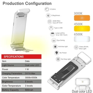 (Lake Blue)Reading Lights For Books In Bed Portable Clip-on LED USB BT5 - Afbeelding 1 van 12