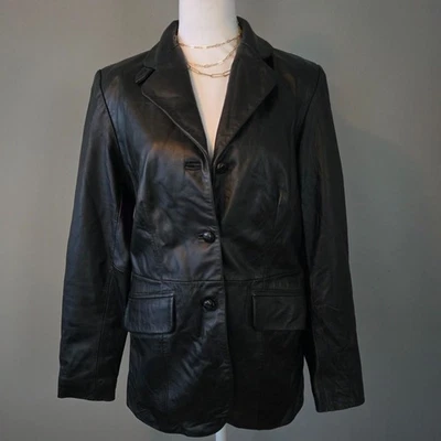 Women's Black Leather Jacket Blazer. Button Front. Long Sleeves. Size Small - Image 1 of 4