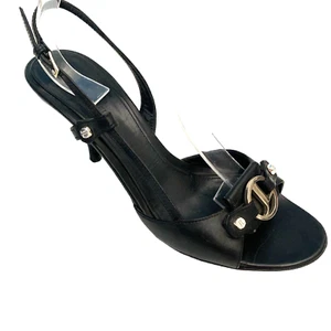 Judith Leiber Sandal Black Leather Slingback Open Toe Silver Logo Slim Heel 9.5 - Picture 1 of 13