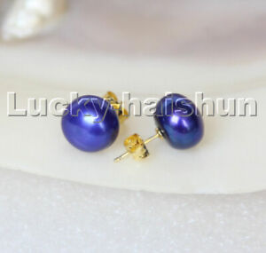 Genuine Studs 11mm round navy blue pearls beads Earrings 14K gold post c303