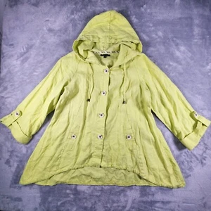 For Cynthia Linen Hood Jacket Large Chartruese Asymmetric Hi Low Faux Roll Tab - Picture 1 of 8
