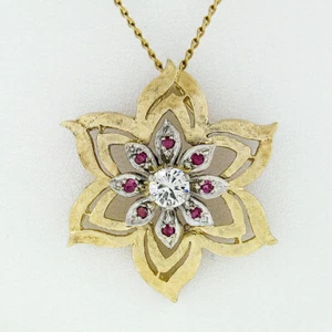 Vintage 14k Two Tone Gold Diamond Ruby Florentine Finish Flower Pendant Necklace - Picture 1 of 7