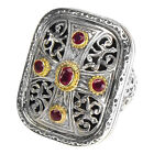 Gerochristo 2457 ~  Solid Gold, Silver & Rubies - Medieval Byzantine Cross Ring