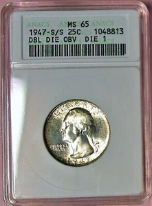 1947 S/S DBL DIE OBV ANACS MS 65 WASHINGTON SILVER QUARTER! DIE-1 TOP POP! - Picture 1 of 3