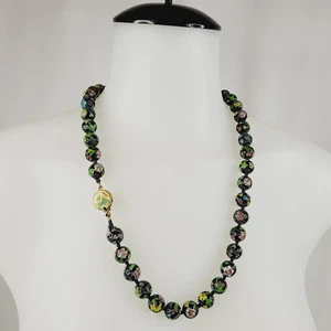 Vintage schwarze Cloisonne Perlen Halskette Floral chinesische Emaille Box Verschluss 24" - Bild 1 von 14