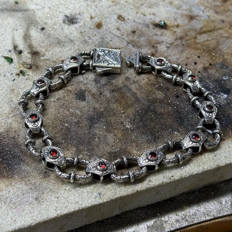 Men Silver Ruby Hand-Engraved Bracelet, Red Ruby Gemstone Chain Bracelet - Image 1 of 4