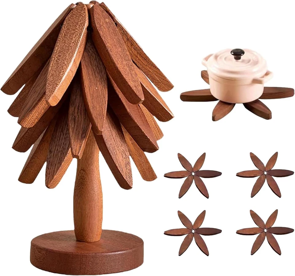 Remaches de madera para platos calientes, juego de remaches en forma de árbol con soporte, resistente al calor Foto 1 de 4
