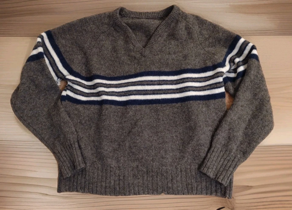 Suéter Vintage Lana Cuello en V Marrón Azul Marino Crema Rayas Años 70 80 Algunos Usan 23x23 Foto 1 de 4
