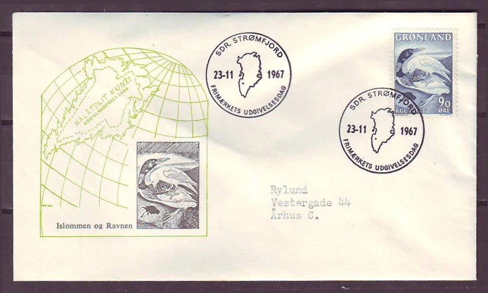 q7594/Groenlandia Ilustrada Cuervo y Pájaro León Común FDC Cubierta 1967 Foto 1 de 1