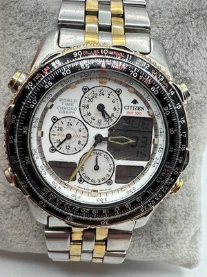 Citizen Navihawk C300 World Time cronógrafo WR100 relógio piloto de dois tons Japão - Imagem 1 de 4