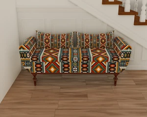 Entrway Organizer Ethnic Ottoman Bench with Arms, Footboard Ben, Curved Sofa - Picture 1 of 9