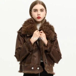Womens Lamb Fur Collar Real Rabbit Fur Lined Motorcycle Winter Parka Short Coats - Picture 1 of 14
