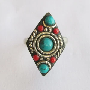 Tibetan Silver Turquoise Red Coral Original Jewelry Adjustable Unisex Ring R56 - Picture 1 of 7