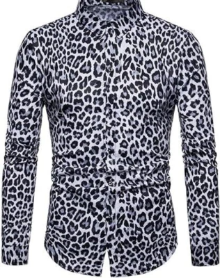 Camisa de vestir informal Luc Matton para hombre talla pequeña larga Slv estampado de leopardo gris negra Foto 1 de 4