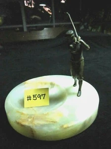 BRONZE GOLFER SCULPTURE 4" ON MARBLE ASHTRAY, 6.5"W, EXCELLENT CONDITION - Picture 1 of 8