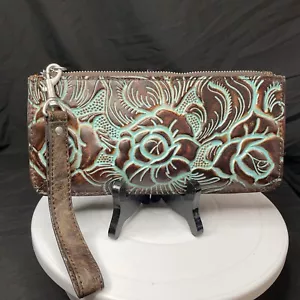 Patricia Nash St Croce Leather Wristlet Clutch Tooled Turquoise @1193 - Picture 1 of 13