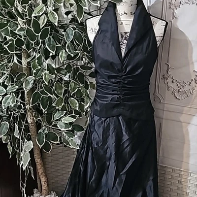 Tadashi Black High Collar Ruched Tuxedo Style Satin Gown 6 - Image 1 of 4