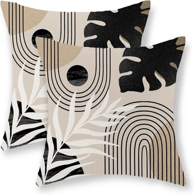 Juego de 2 Fundas de Almohada Boho Negras 18x18 Pulgadas Negro BeigeTropical Hoja Decoración Medio Foto 1 de 4