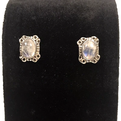 925 Sterling Silver Moonstone Stud Earrings Rectangle Design Dainty Small 7 mm - Image 1 of 4