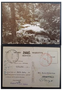 1949 Victoria Australia OHMS Railways Notification Postcard used - APOLLO BAY - Afbeelding 1 van 3