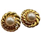 Vtg Gold Tone Faux Pearl Earrings Clip On 80s Huggies Mob-wife Old Money Granny