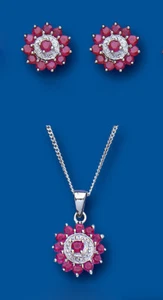Ruby and Diamond Set Solid Sterling Silver Pendant and Stud Earrings - Picture 1 of 3