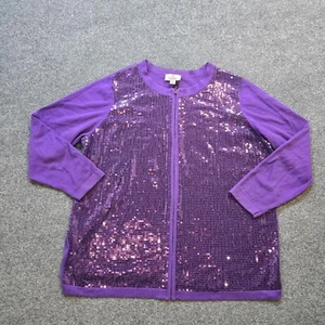 Quacker Factory Cardigan Womens 1X Purple Sequin Sweater Full Zip Casual Party - Picture 1 of 9