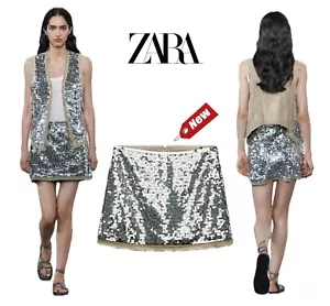 Zara Silver Sequin Mini Skirt Metal Hoop Chain High Waist M Beige Lining NWT - Picture 1 of 11